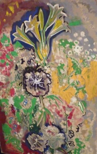 LARTIGUE Jacques-Henri, 1894-1986 Fleurs Technique mixte sur fond d'impression sur...