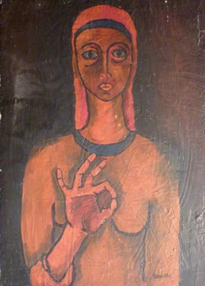 LAVILLE, XXe siècle Portrait de femme Technique mixte sur panneau (manques), signé...