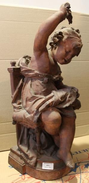 MOREAU Auguste, 1834-1917 Fillette donnant la fessée à sa poupée Sculpture en terre...