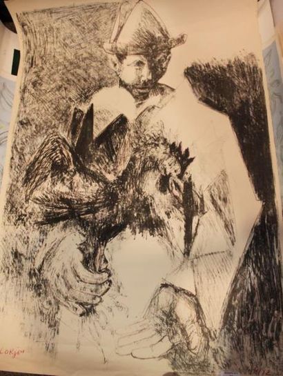 LORJOU Bernard, 1908-1986 Homme et coq Gravure (insolation), signée en bas à gauche,...