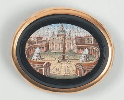null Broche ovale figurant la place Saint-Pierre à Rome, en micromosaïque, la monture...