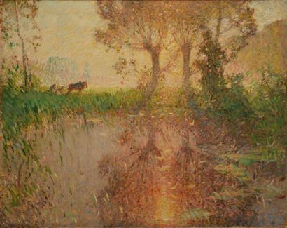 Pierre Eugene Montezin Étang au crépuscule, effet de soleil Huile sur toile (craquelures),...