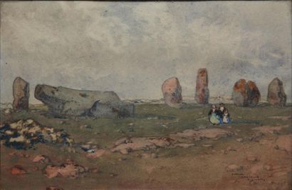 Ernest GUERIN Breton près des menhirs, Carnac, Bretagne Aquarelle, signée, titrée...