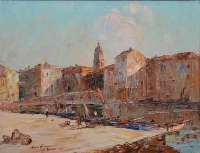 Merio AMEGLIO Le port de Saint-Tropez, 1930 Huile sur toile (petites écaillures et...