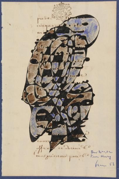 Victor BAUER Sans titre, 1953 Aquarelle sur papier ancien calligraphié (traces de...