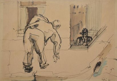 JEAN HELION Homme ramassant dans la rue, 1944 Plume et lavis d'encre noire et aquarelle...