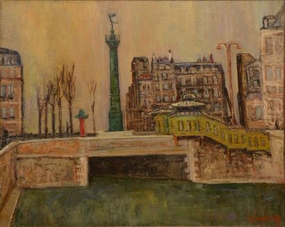 Jean VINAY La Bastille vue du canal Huile sur toile, signée en bas à droite. 65 x...