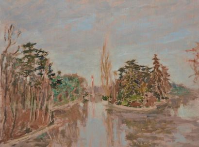 BENN Lac au Bois de Boulogne avec un cèdre, déc. 1974 Huile sur toile, signée en...