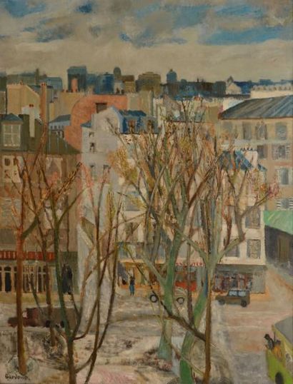 Guy BARDONE Neige sur le boulevard de Clichy, 1957 Huile sur toile, signée en bas...