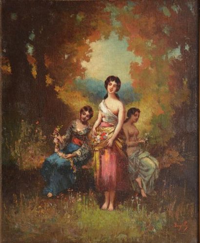 Frédéric BORGELLA Trois jeunes filles cueillant des fleurs Huile sur toile (craquelures,...