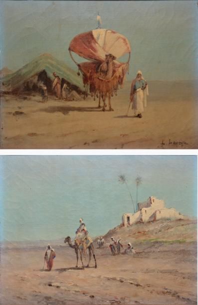 Lucien LAPEYRE Campement nomade - Chamelier Deux huile sur toiles formant pendants...