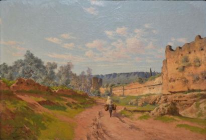 Léon JOUBERT L'ânier près des remparts, Tlemcen, Algérie, 1890 Huile sur toile (traces...