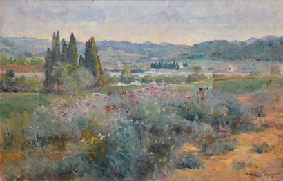 Édouard DUCROS Bord de rivière au buisson fleuri, 1907 Huile sur toile, signée et...