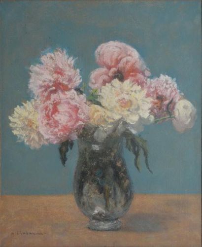 Arsène CHABANIAN Bouquet jaune pâle et rose Pastel sur papier marouflé sur toile,...