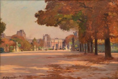 Denis ETCHEVERRY Les Tuileries et le Louvre Huile sur toile, signée en bas à gauche....