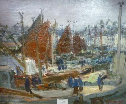 BOUSQUET, XXe siècle Port, 1957 Huile sur toile (accidents et restaurations), signée...