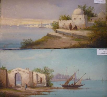 BUDIN A., XIXe siècle Vues animées de personnages et de barques Deux huile sur panneaux,...