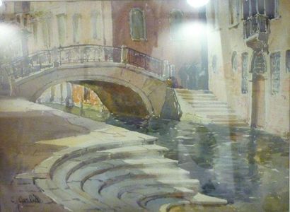 CARLIER-VIGNAL Camille, XIXe-Xxe siècles Petit pont à Venise Aquarelle, signée et...