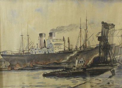 COPIEUX Albert, 1885-1956 Quai et bateaux au havre Aquarelle, signée en bas à droite,...