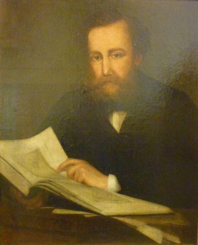 ECOLE XIXe SIÈCLE Portrait d'homme à sa lecture, 1868 Huile sur toile, porte des...