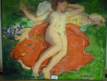 EHLINGER Maurice, 1896-1981 Bain de soleil Huile sur toile (manques), signée en bas...