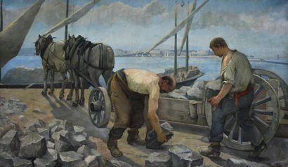 ILHY Daniel, XIXe siècle Les travailleurs au bord du lac Léman, 1896 Huile sur toile,...