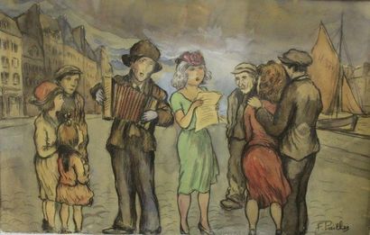 PAILHES Fred, 1902-1991 Chanteurs de rue Crayon,aquarelle et gouache, signé en bas...