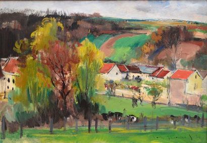THEVENET Jacques, 1891-1989 Le village aux toits rouges, 1939 Huile sur papier marouflé...