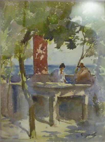 VIGNAL Pierre, 1855-1925 Terrasse à Naples Aquarelle, signée en bas à droite, 24x18...