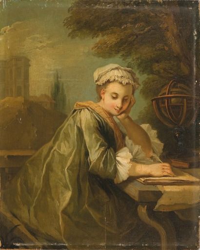 Ecole FRANCAISE du XVIIIe siècle Portrait de jeune femme à sa table de travail dans...