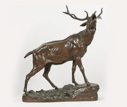 OBJETS D'ART ET DE CURIOSITE Charles VALTON (1851 - 1918) Cerf bramant Bronze à patine...
