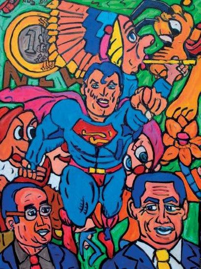 NOS Ph. (né en 1956) Superman Huile sur toile, signée en haut à gauche, 116 x 90...