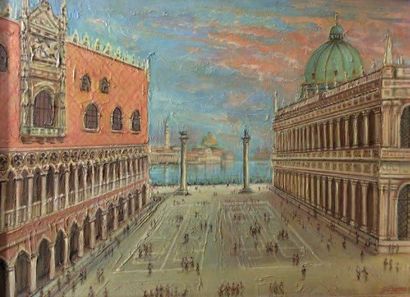 DAPRAI Jean (Né en 1929) Venise - La Piazzetta San Marco, Hommage à Canaletto Huile...