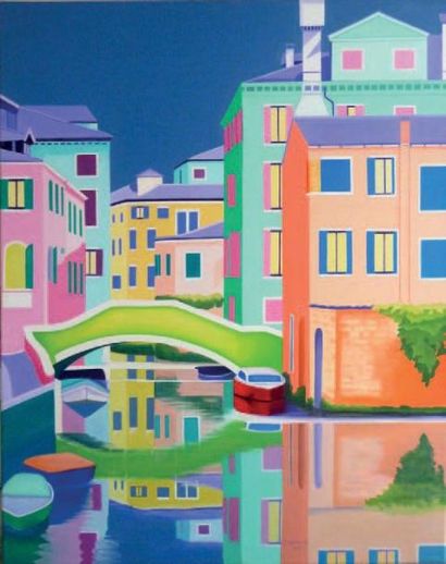 JANIÈRE Dominique (née en 1953) Venise, le pont vert Huile sur toile, signée en bas...