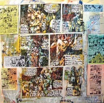 BÉRAUD Guy (né en 1954) La Forêt des Pénitents Acrylique et collages sur papier marouflé...
