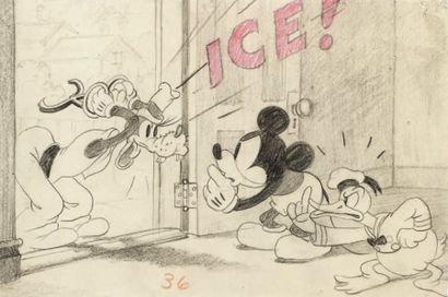 null Moving Day - Studio Disney, 1936. Rare dessin de storyboard réunissant Mickey,...