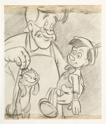 null Pinocchio - Studio Disney, 1940. Dessin original de storyboard. Réprésentant...