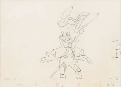 null Pinocchio - Studio Disney, 1940. Dessin d'animation original. 20x25cm. Encadré....