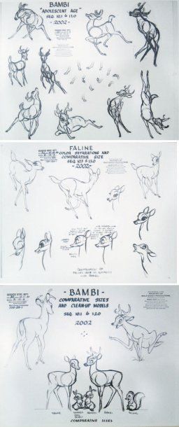 null Bambi - Studio Disney, 1942. Lot de 3 reproductions photographiques d'une planche...