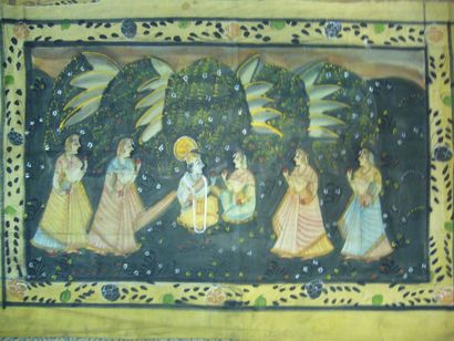 null Deux batik, Inde, Krishna et ses gopis, prince sur son éléphant. 0, 57 x 0,...