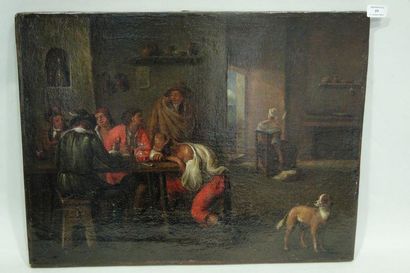 École Flamande du XVIIe siècle Scène de taverne avec un buveur endormi et une fileuse...