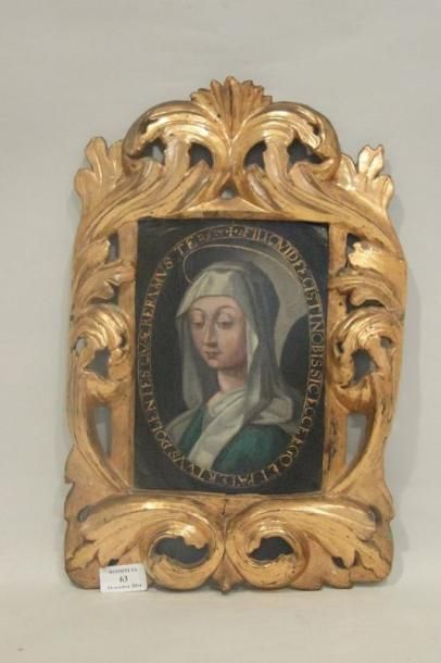 École Française du XVIIe siècle La Vierge en buste Légendé en latin el lettres dorées...