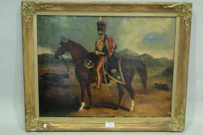 École Française du XIXe siècle Hussard à cheval Huile sur toile Signé en bas à droite:...