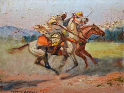 BRONDY Matteo, 1866-1944 Fantasia, deux cavaliers Huile sur panneau, signé en bas...