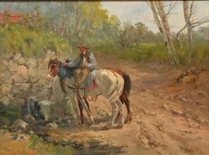 CALVÈS Georges, 1848-1923 Paysan et ses chevaux à l'abreuvoir Huile sur toile (restaurations),...