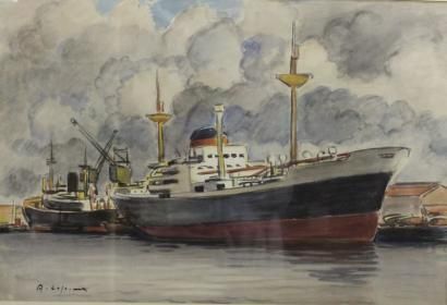 COPIEUX Albert, 1885-1956 Bateaux dans le port du havre Aquarelle, signée en bas...