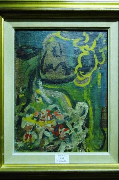 COURTENS PIERRE, 1921-2004 Femme au bouquet Huile sur toile marouflée sur panneau,...