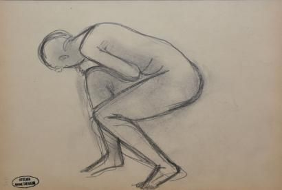 DERAIN André, 1880-1954 Nu féminin s'accroupissant Dessin à la mine de plomb et estompe,...