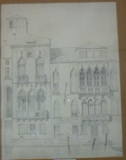 École 1900 Palais à Venise Dessin à la mine de plomb, non signé, 26.5x20 cm à vu...