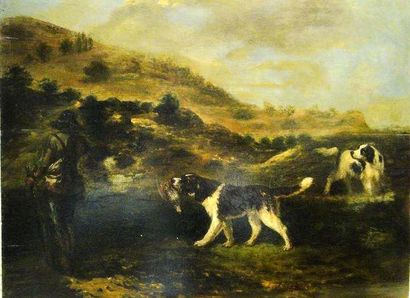 ECOLE FRANCAISE DU XIXème siècle Chasseur et ses deux chiens dans un paysage Huile...